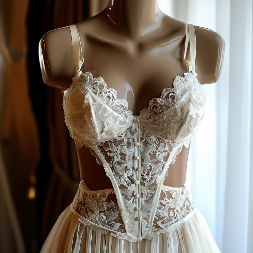 Stunning bridal lingerie set displayed alongside a wedding dress.